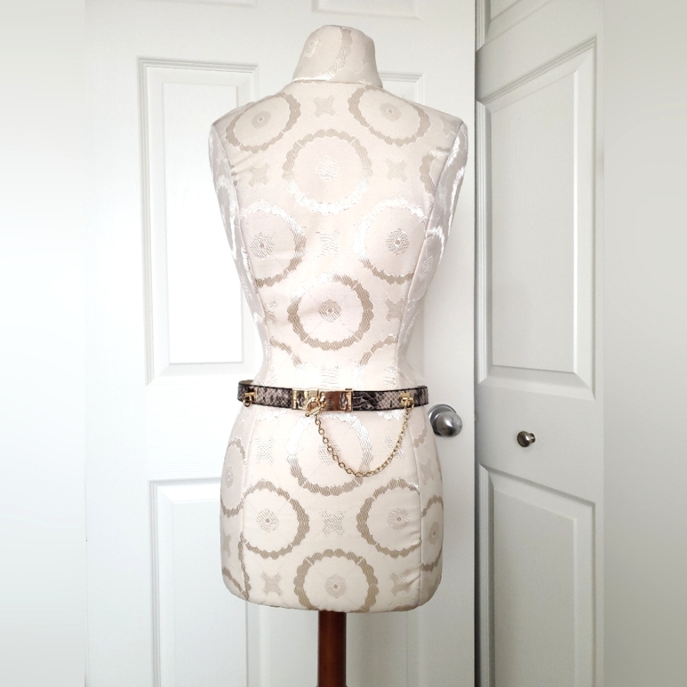 BCBG Maxazria toggle belt waist M black beige snake skin gold chain faux leather